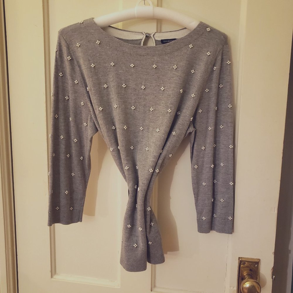 Talbots Gray Soft Sweater w/faux pearls 3/4 slv